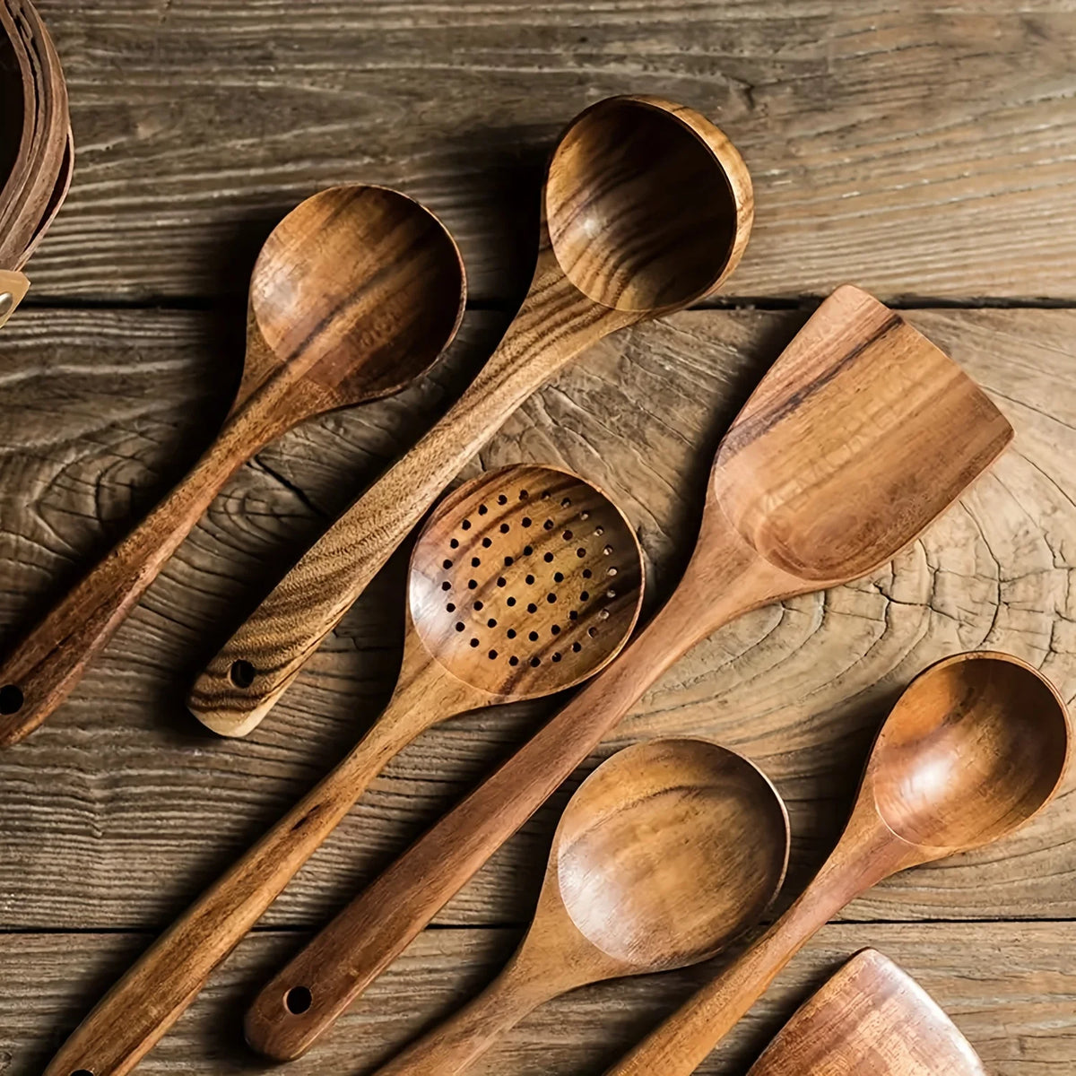 5Pcs/set Thailand Teak Cooking Spoon Natural Wooden Kitchen Tableware Tool Ladle Turner Rice Colander Soup Skimmer Scoop Utensil