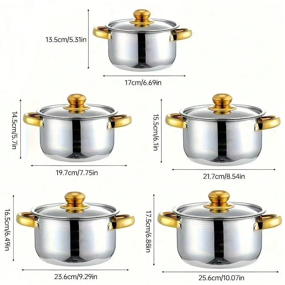10Piece Stainless Steel Cookware Set 5 Pots With Lids, Multiple Sizes, Deep Stock Pot For Soup, Pasta, Noodles Seafood, Durable