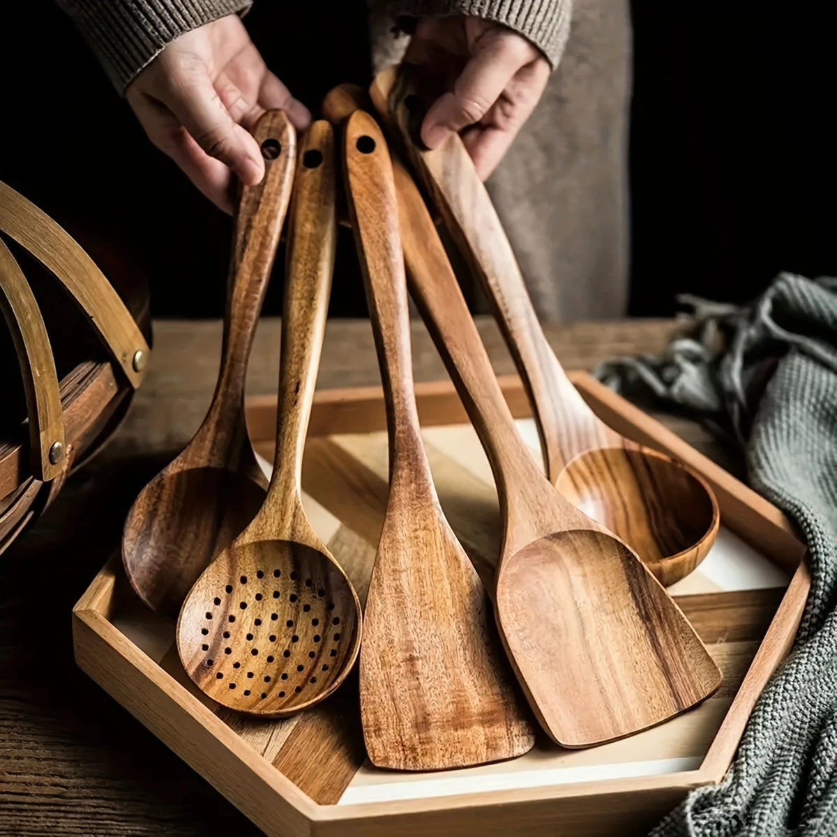 5Pcs/set Thailand Teak Cooking Spoon Natural Wooden Kitchen Tableware Tool Ladle Turner Rice Colander Soup Skimmer Scoop Utensil