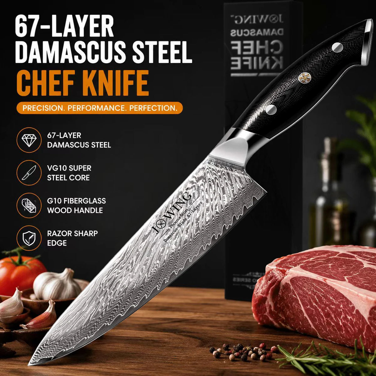 2026 new genuine Damascus steel knife, professional kitchen chef knife, wooden handle, Japanese-style knife gift box packaging