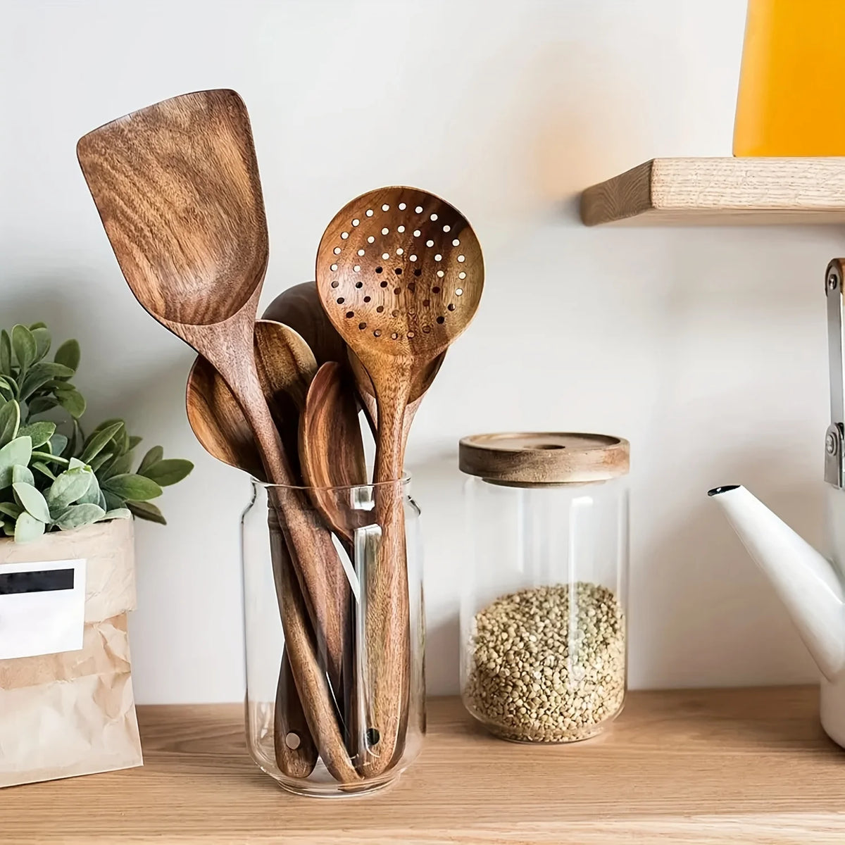 5Pcs/set Thailand Teak Cooking Spoon Natural Wooden Kitchen Tableware Tool Ladle Turner Rice Colander Soup Skimmer Scoop Utensil