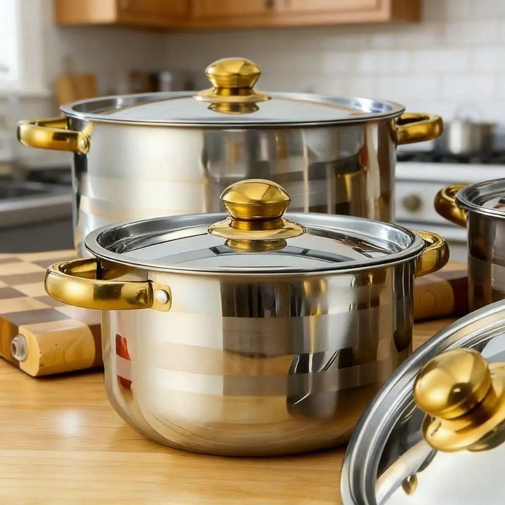 10Piece Stainless Steel Cookware Set 5 Pots With Lids, Multiple Sizes, Deep Stock Pot For Soup, Pasta, Noodles Seafood, Durable